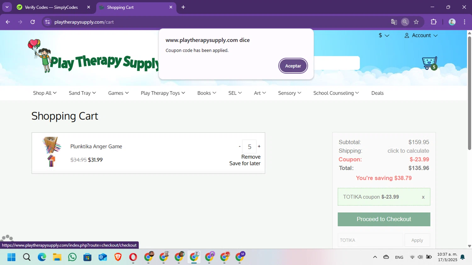 Play Therapy Supply checkout page showing Play Therapy Supply coupon code box | Screenshot taken by SimplyCodes community member on Mar 17, 2025