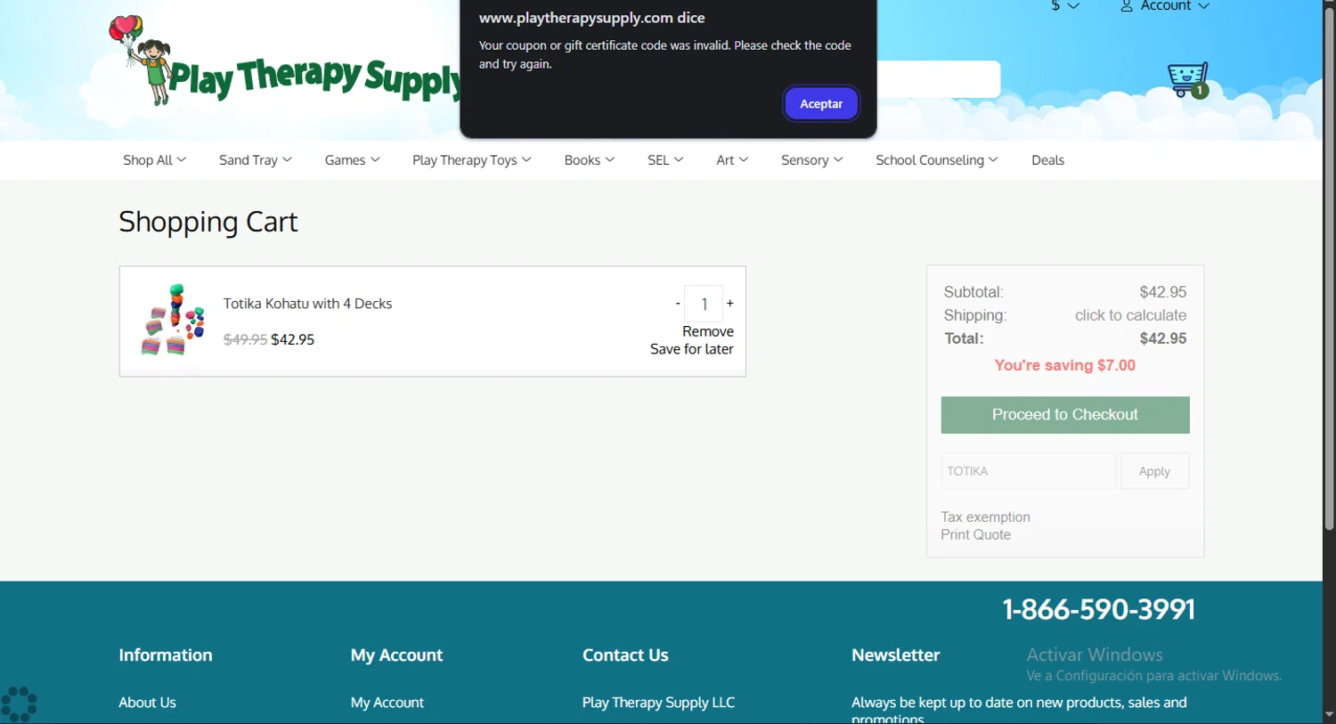 Play Therapy Supply coupon code screenshot showing code TOTIKA applied at Play Therapy Supply checkout page. Uploaded by SimplyCodes community member Heibk201 on Apr 14, 2025