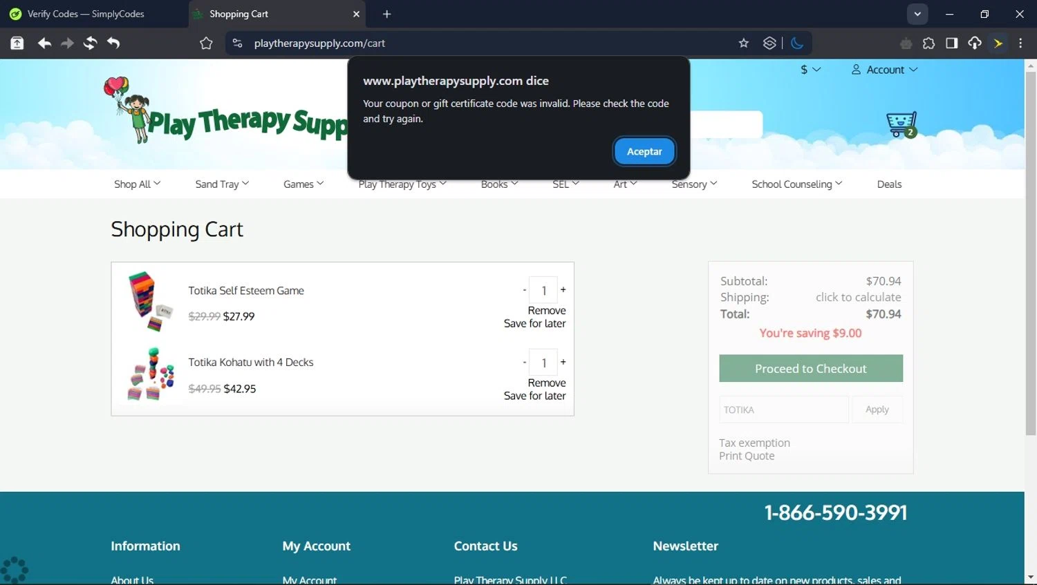 Play Therapy Supply coupon code screenshot showing code TOTIKA applied at Play Therapy Supply checkout page. Uploaded by SimplyCodes community member GoldScout9735 on Apr 14, 2025