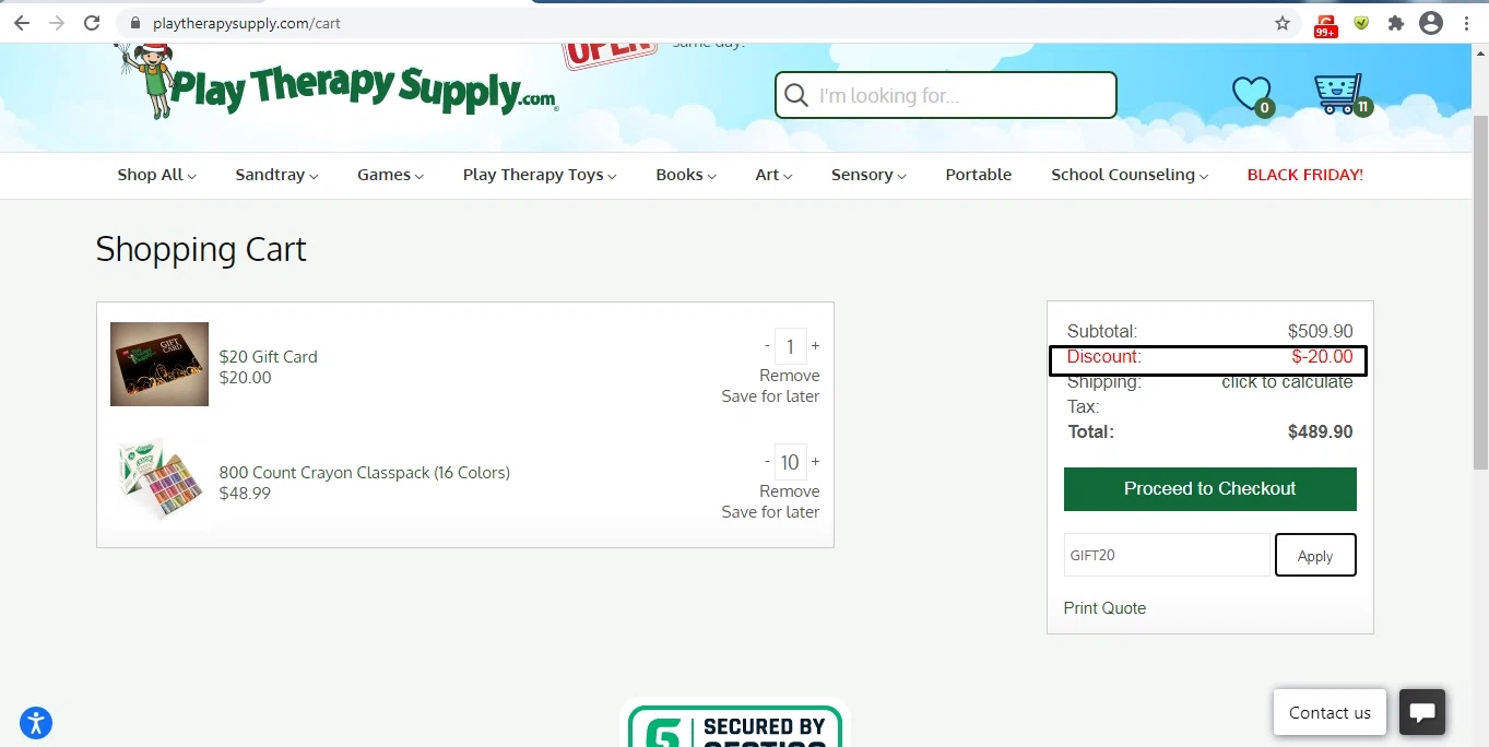 Play Therapy Supply checkout page showing Play Therapy Supply coupon code box | Screenshot taken by SimplyCodes community member on Nov 28, 2020