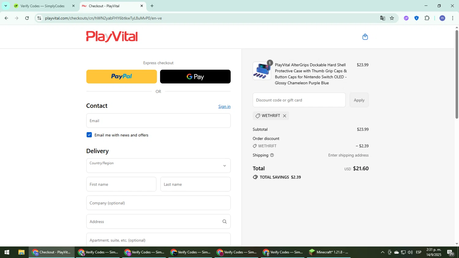 PlayVital promo code screenshot showing code WETHRIFT applied at PlayVital checkout page. Uploaded by SimplyCodes community member QuestDefender2661 on Sep 14, 2025