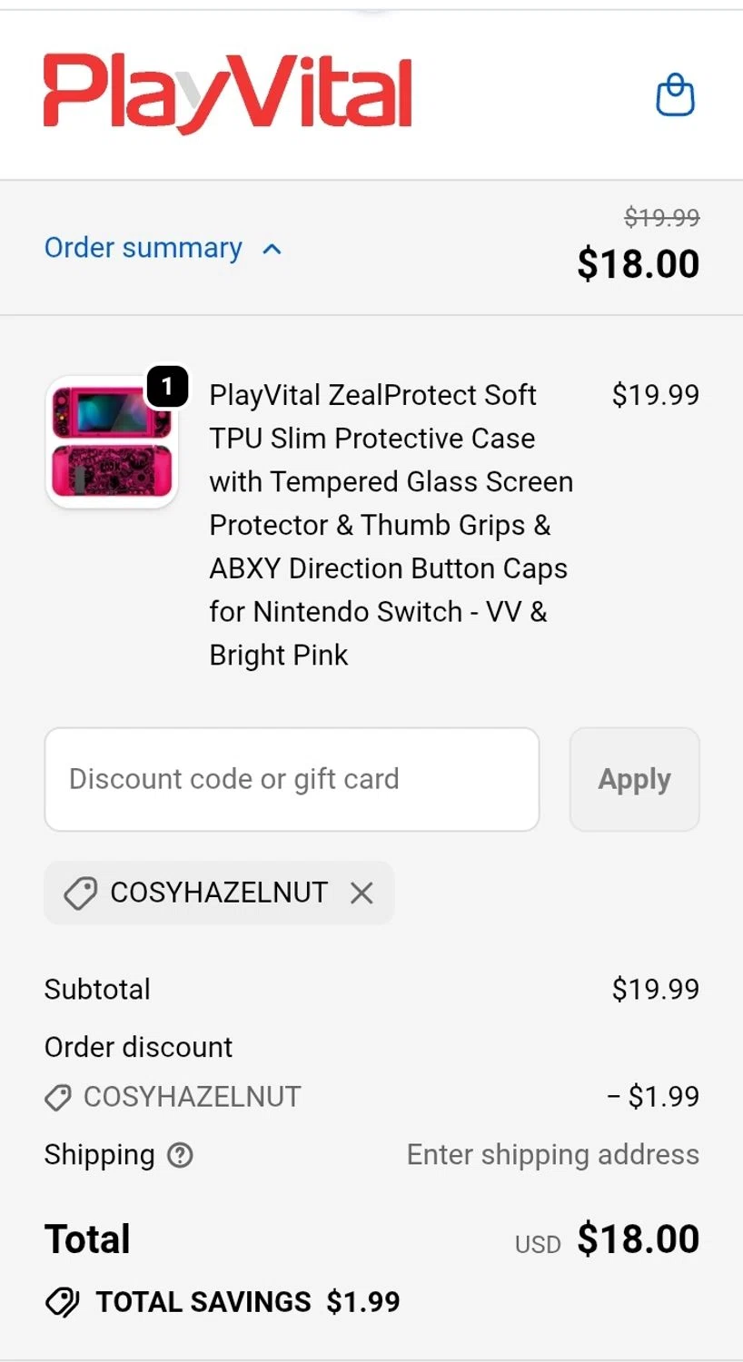 PlayVital promo code screenshot showing code cosyhazelnut applied at PlayVital checkout page. Uploaded by SimplyCodes community member Chino0809 on Oct 20, 2025