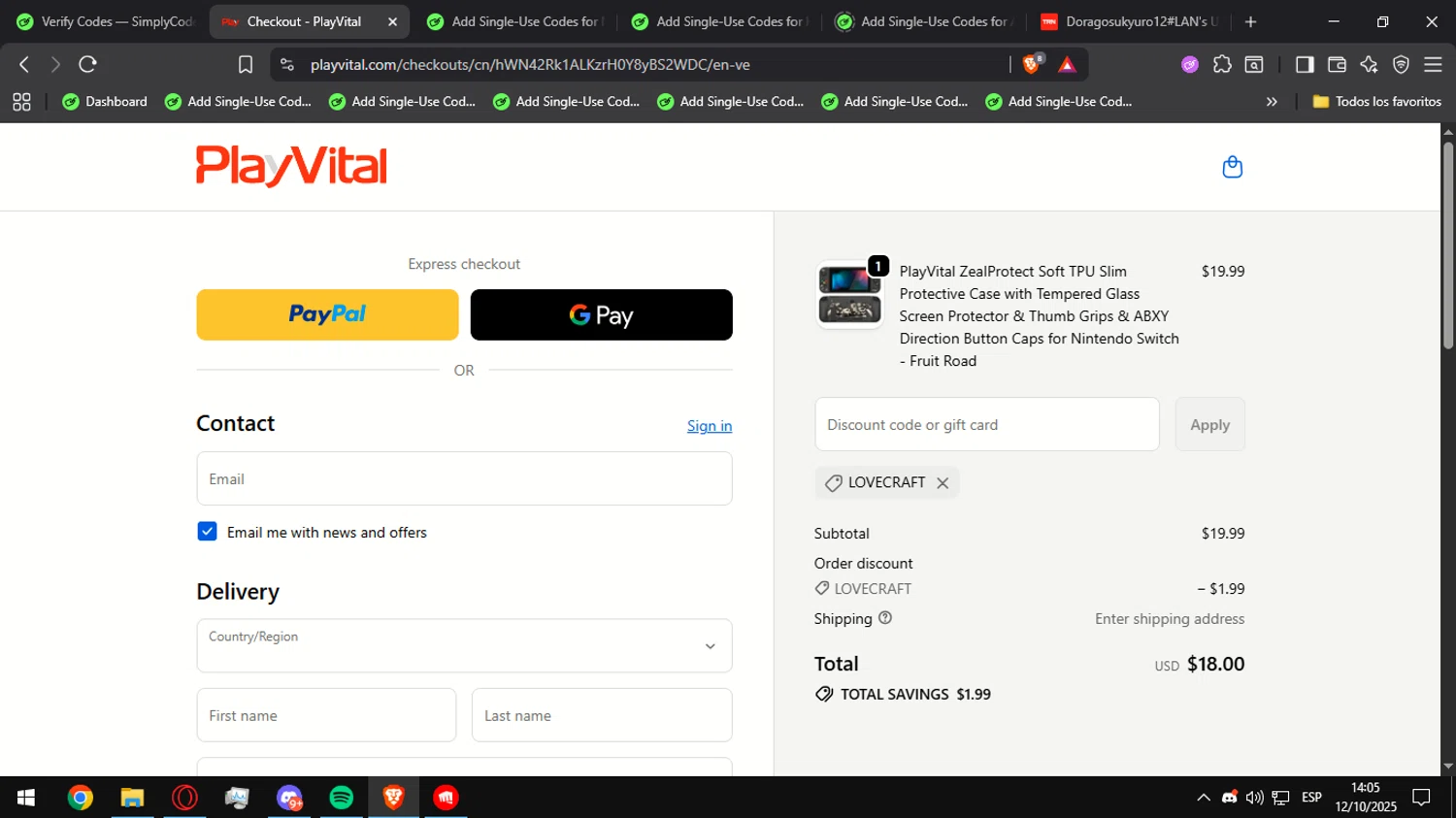 PlayVital promo code screenshot showing code LOVECRAFT applied at PlayVital checkout page. Uploaded by SimplyCodes community member Ultrapapu on Oct 12, 2025