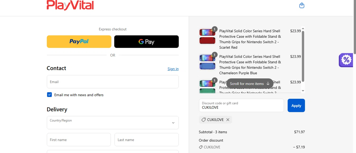 PlayVital promo code screenshot showing code CUKILOVE applied at PlayVital checkout page. Uploaded by SimplyCodes community member shark12 on Sep 13, 2025