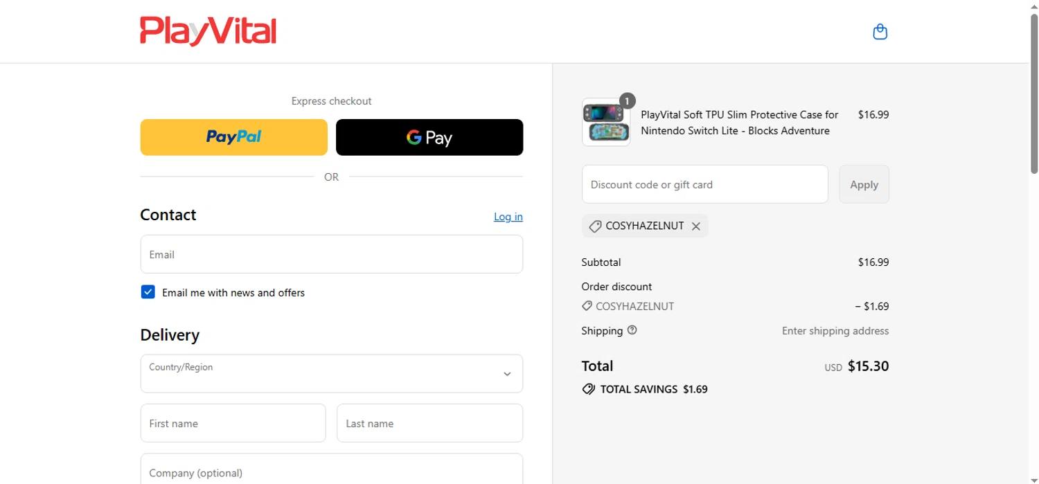 PlayVital promo code screenshot showing code cosyhazelnut applied at PlayVital checkout page. Uploaded by SimplyCodes community member shark12 on Aug 23, 2025