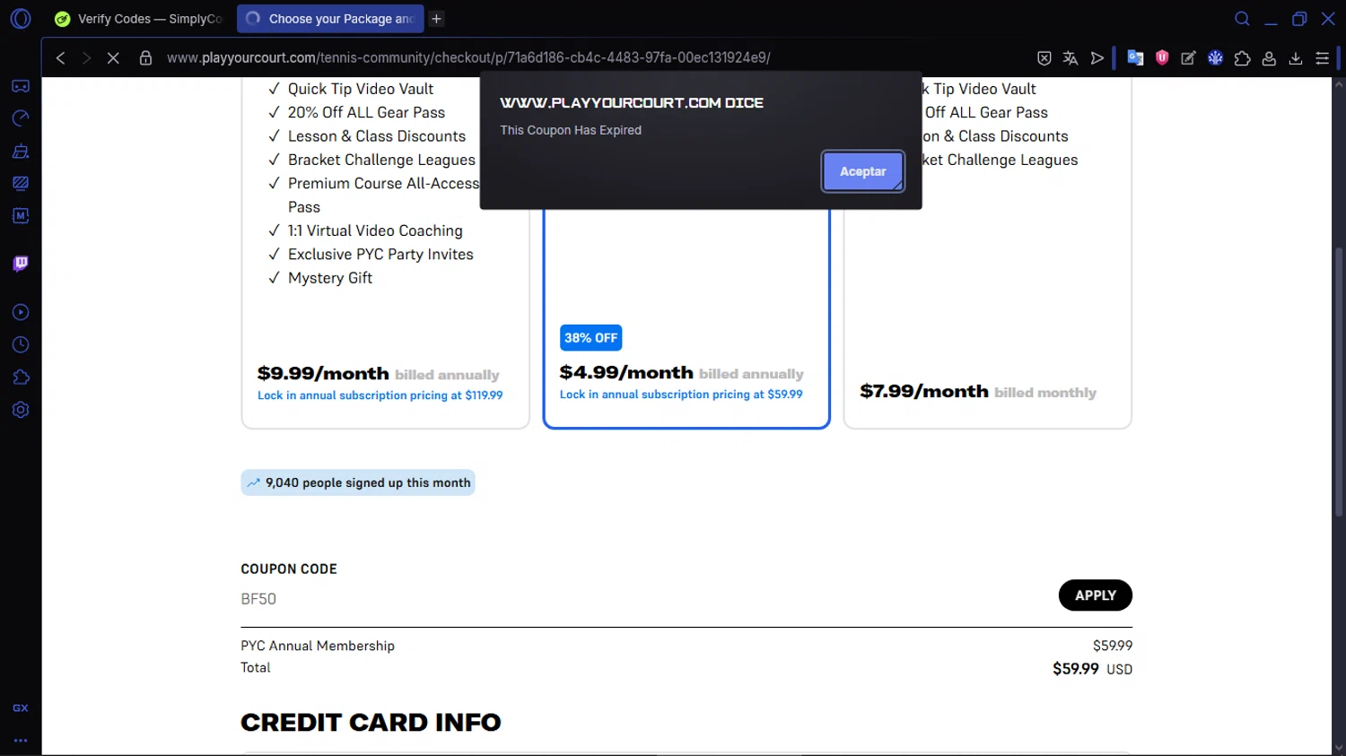 PlayYourCourt coupon code screenshot showing code BF50 applied at PlayYourCourt checkout page. Uploaded by SimplyCodes community member ACIDOSULFURICO on Dec 7, 2025