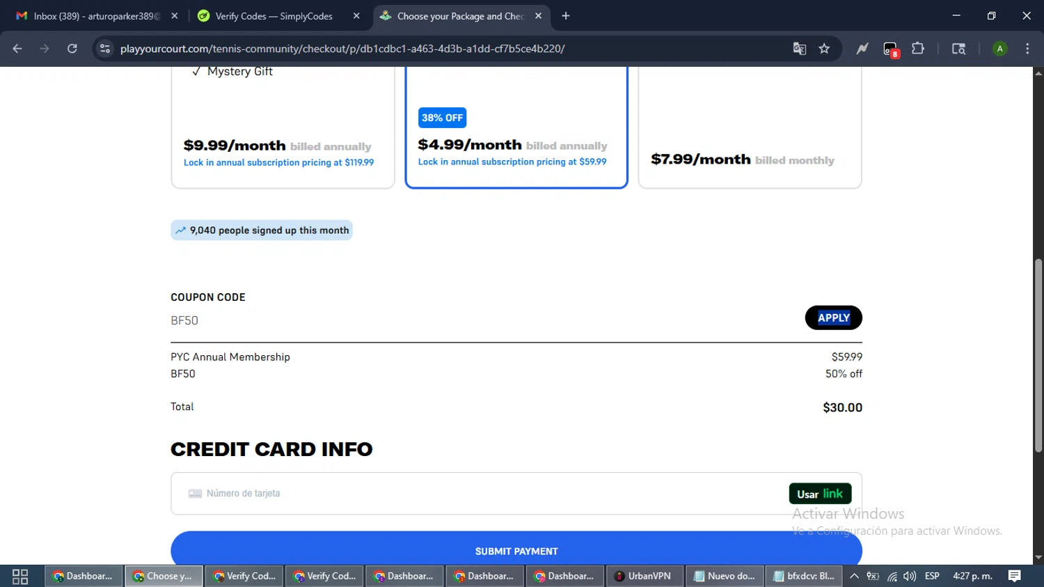 PlayYourCourt coupon code screenshot showing code BF50 applied at PlayYourCourt checkout page. Uploaded by SimplyCodes community member CashLynx5338 on Nov 26, 2025