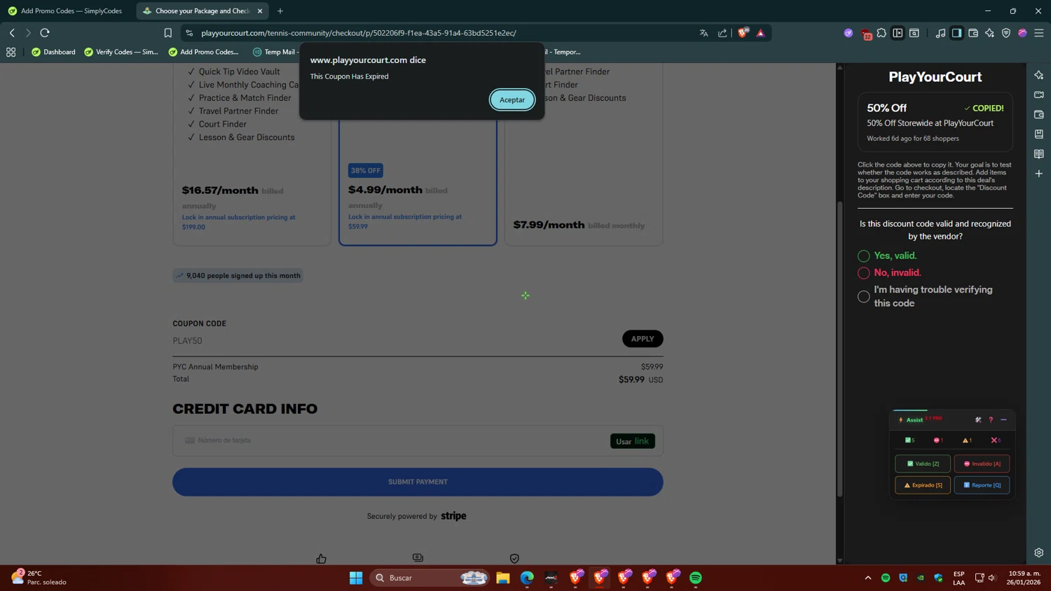 PlayYourCourt coupon code screenshot showing code PLAY50 applied at PlayYourCourt checkout page. Uploaded by SimplyCodes community member CoinVirtuoso9916 on Jan 26, 2026