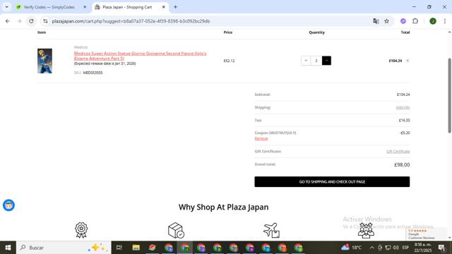 Plaza Japan checkout page showing Plaza Japan coupon code box | Screenshot taken by SimplyCodes community member on Jul 22, 2025