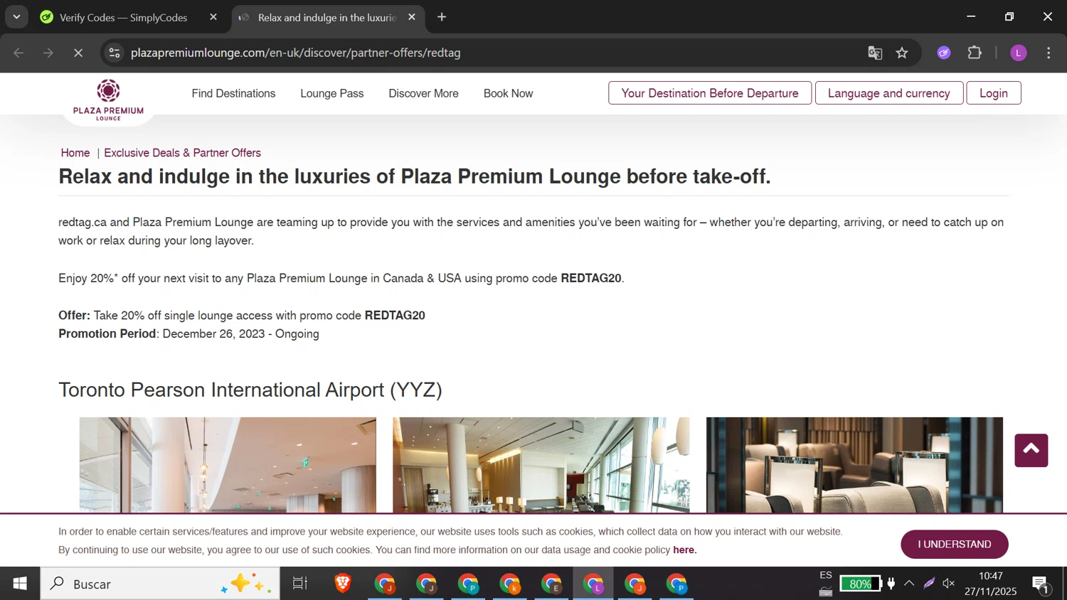 Plaza Premium Lounge promo code screenshot showing code REDTAG20 applied at Plaza Premium Lounge checkout page. Uploaded by SimplyCodes community member DiscountMonarch2312 on Nov 27, 2025
