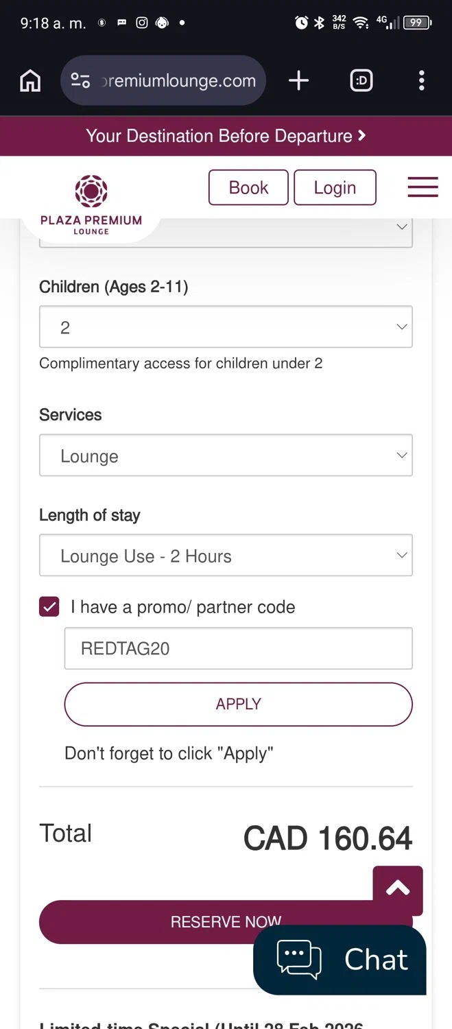 Plaza Premium Lounge checkout page showing Plaza Premium Lounge promo code box | Screenshot taken by SimplyCodes community member on Feb 19, 2026