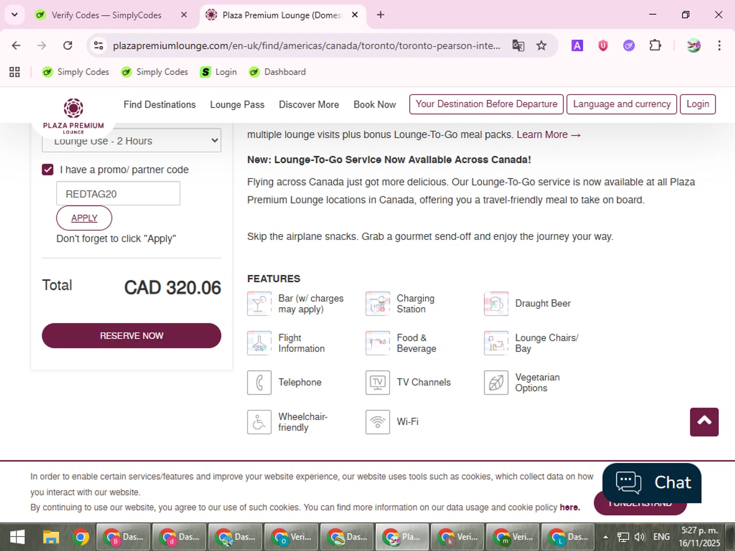 Plaza Premium Lounge promo code screenshot showing code REDTAG20 applied at Plaza Premium Lounge checkout page. Uploaded by SimplyCodes community member SilverExpert5694 on Nov 16, 2025
