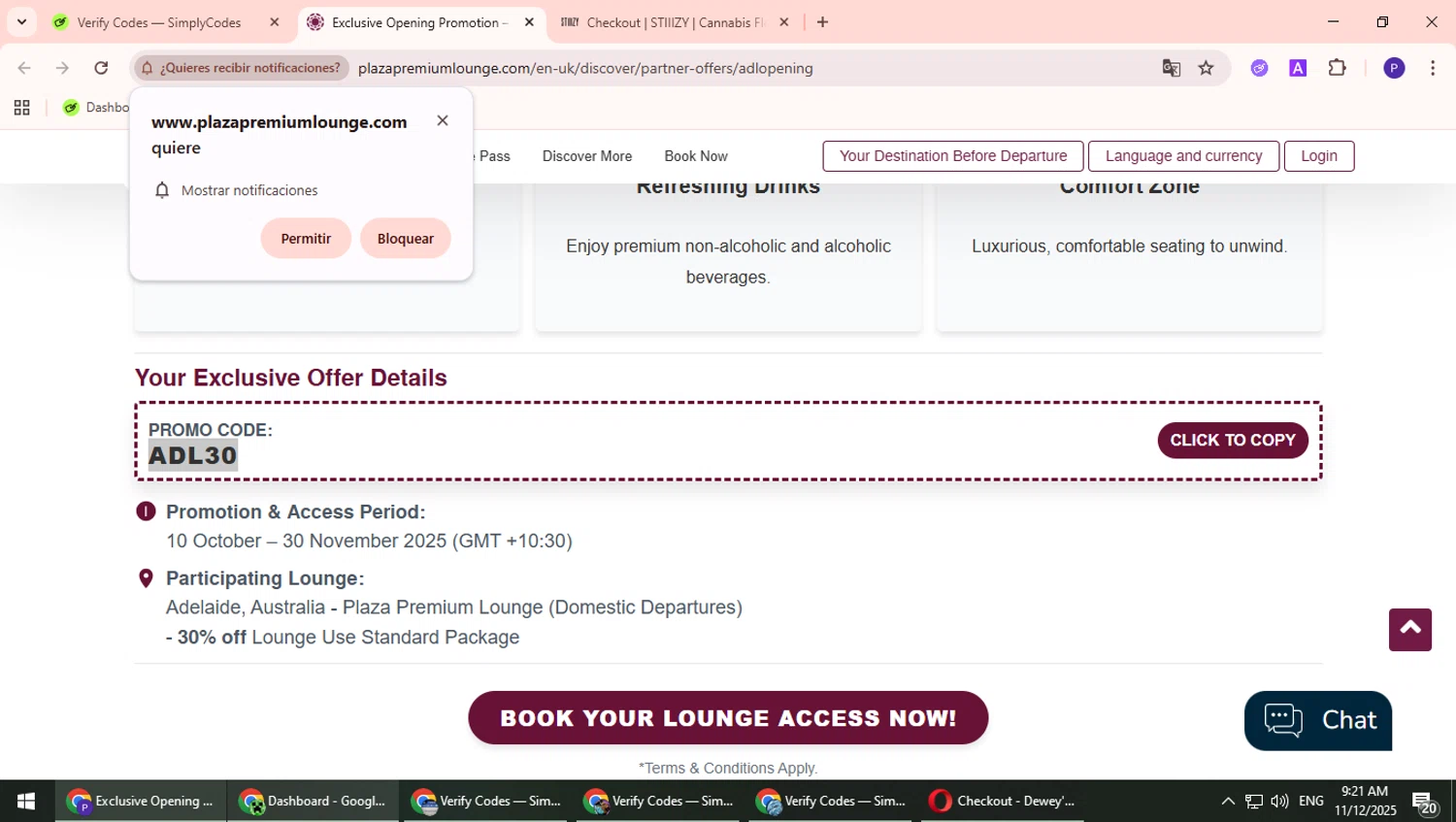 Plaza Premium Lounge promo code screenshot showing code ADL30 applied at Plaza Premium Lounge checkout page. Uploaded by SimplyCodes community member Suicune on Nov 12, 2025
