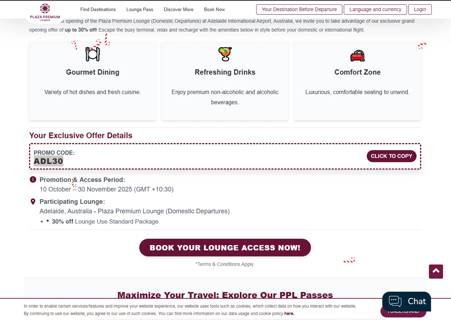 Plaza Premium Lounge promo code screenshot showing code ADL30 applied at Plaza Premium Lounge checkout page. Uploaded by SimplyCodes community member SalePhoenix2220 on Nov 28, 2025