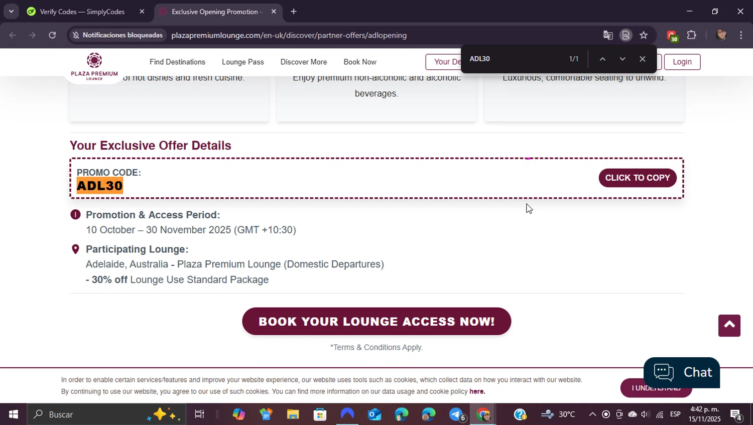 Plaza Premium Lounge promo code screenshot showing code ADL30 applied at Plaza Premium Lounge checkout page. Uploaded by SimplyCodes community member ShieldEagle9436 on Nov 15, 2025