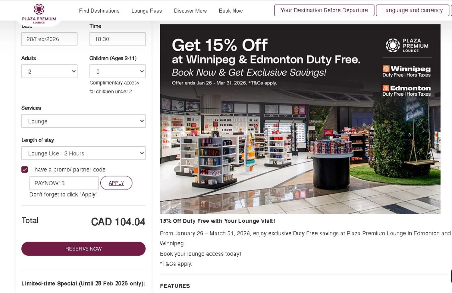 Plaza Premium Lounge promo code screenshot showing code PAYNOW15 applied at Plaza Premium Lounge checkout page. Uploaded by SimplyCodes community member LAMINEJAMAL on Feb 12, 2026