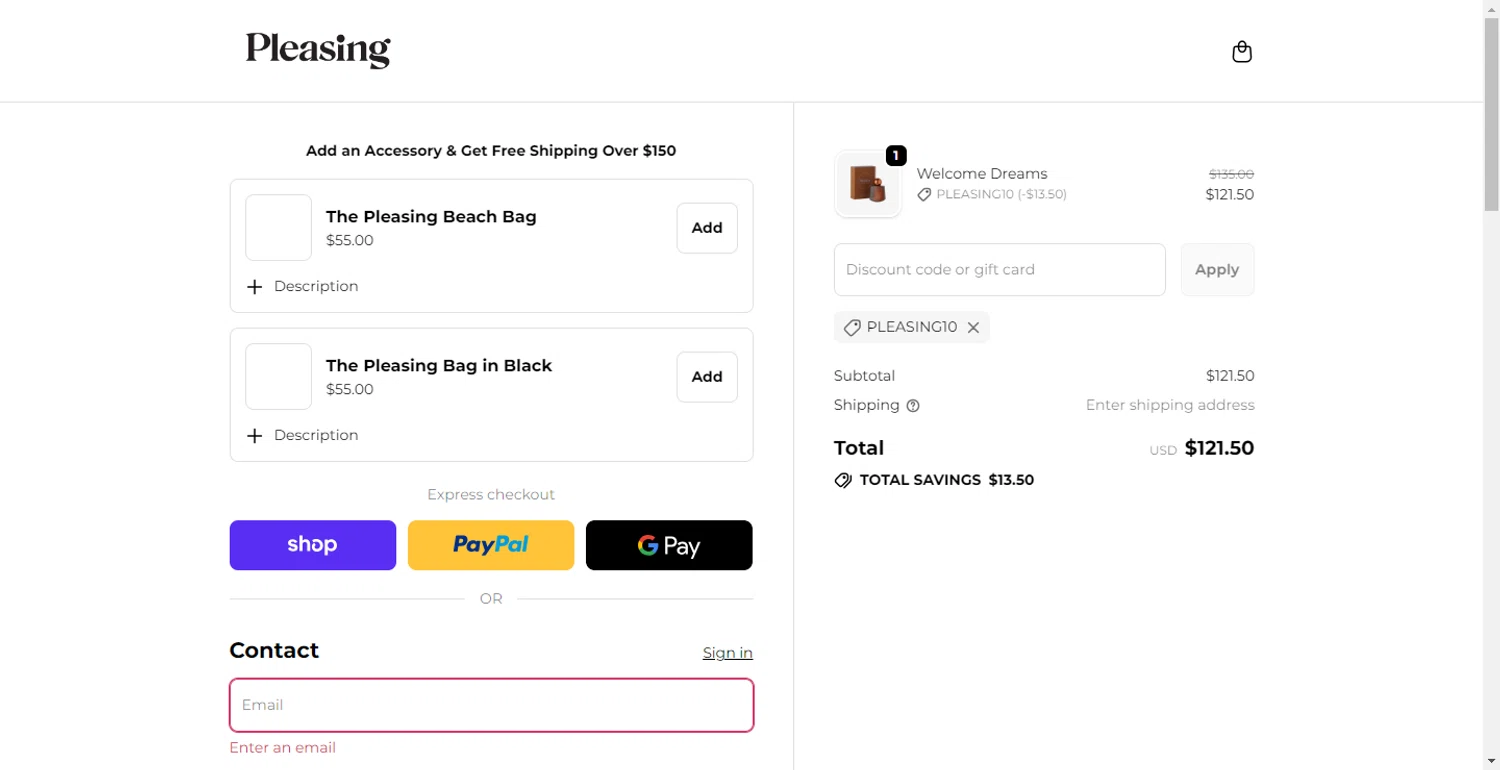 Pleasing discount code screenshot showing code PLEASING10 applied at Pleasing checkout page. Uploaded by SimplyCodes community member CodeTitan6120 on Oct 6, 2025