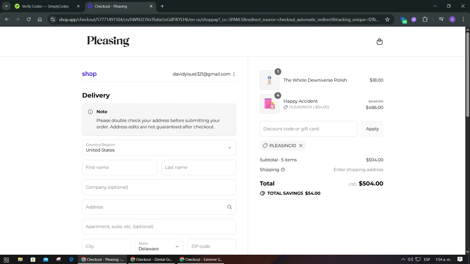 Pleasing discount code screenshot showing code PLEASING10 applied at Pleasing checkout page. Uploaded by SimplyCodes community member VoucherPilot2282 on Sep 16, 2025