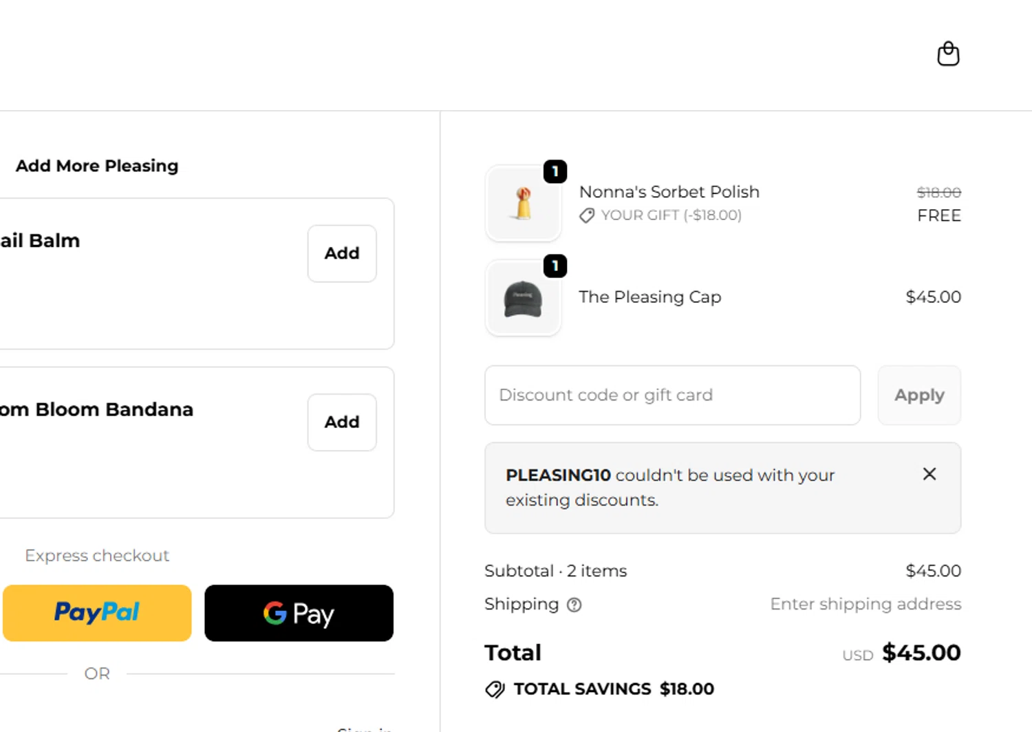 Pleasing checkout page showing Pleasing discount code box | Screenshot taken by SimplyCodes community member on Feb 10, 2026