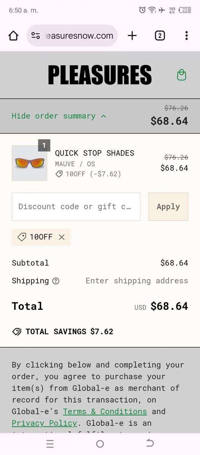 Pleasures checkout page showing Pleasures discount code box | Screenshot taken by SimplyCodes community member on Sep 26, 2024