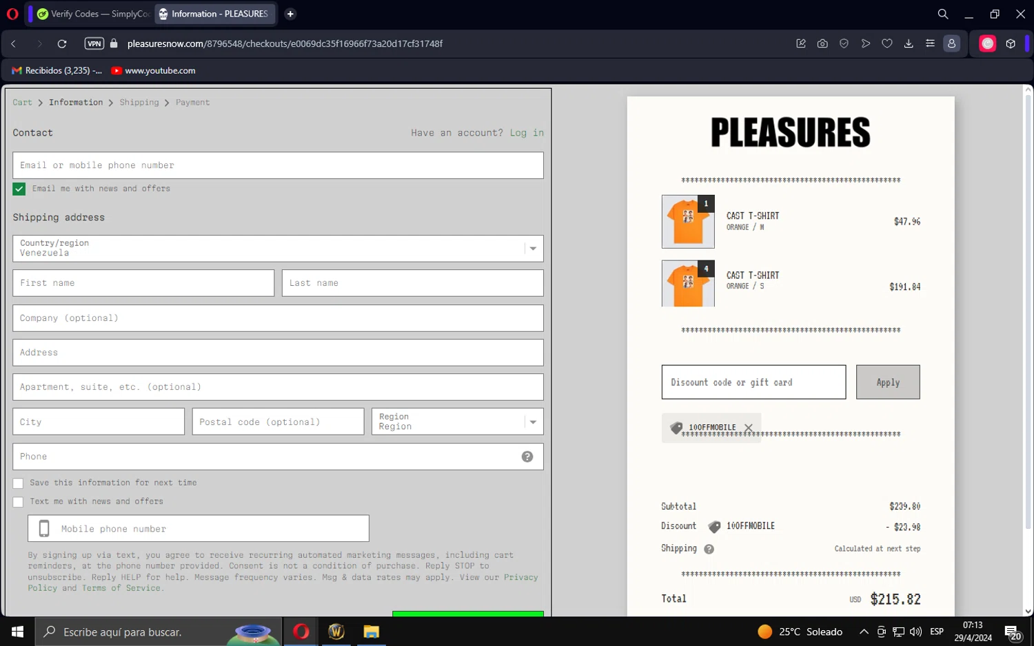 Pleasures checkout page showing Pleasures discount code box | Screenshot taken by SimplyCodes community member on Apr 29, 2024
