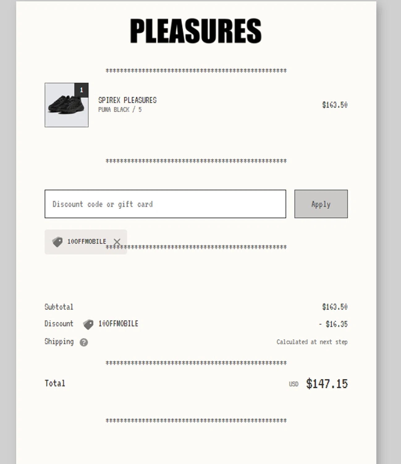 Pleasures checkout page showing Pleasures discount code box | Screenshot taken by SimplyCodes community member on Mar 2, 2024