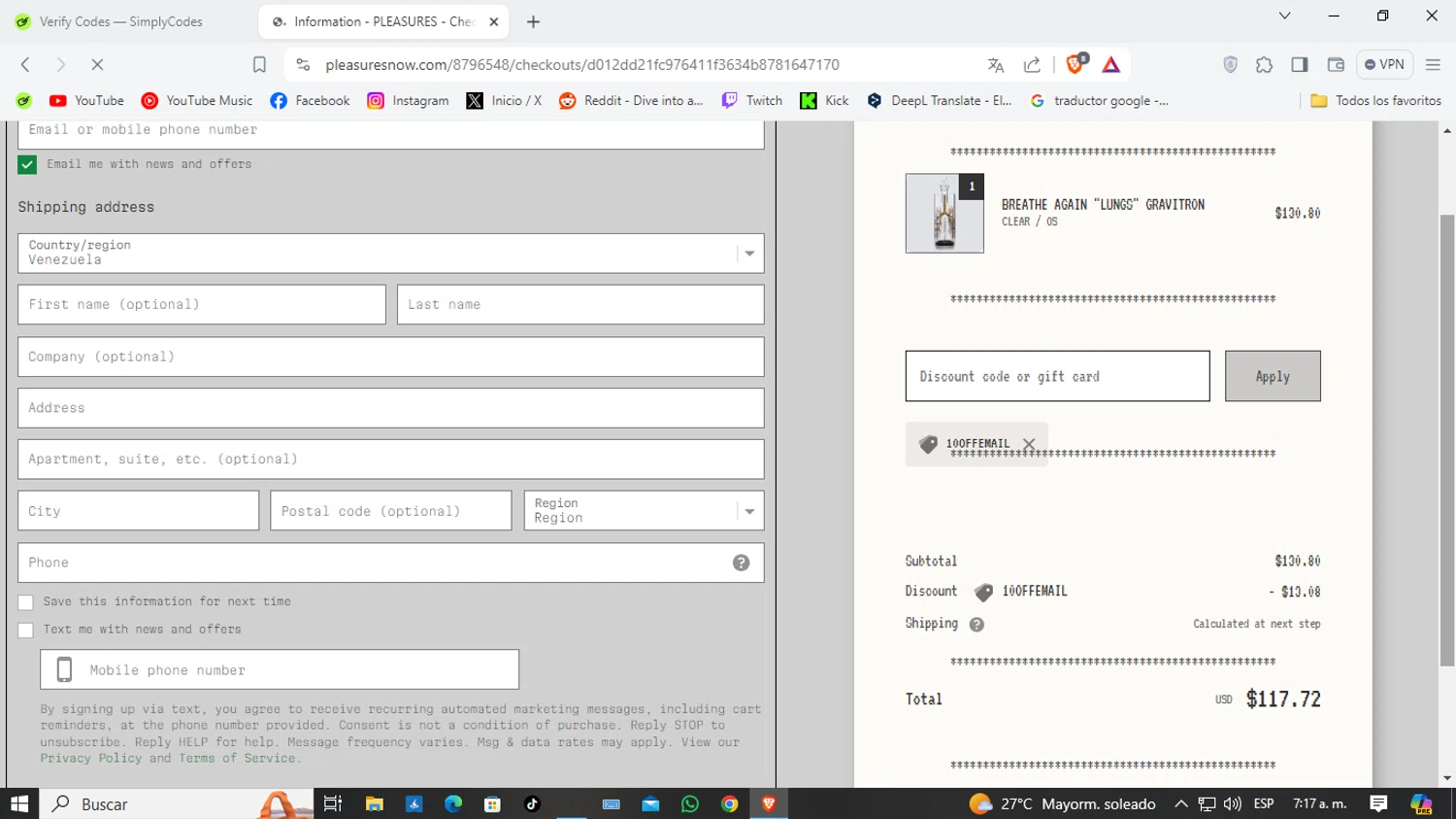 Pleasures checkout page showing Pleasures discount code box | Screenshot taken by SimplyCodes community member on Apr 12, 2024