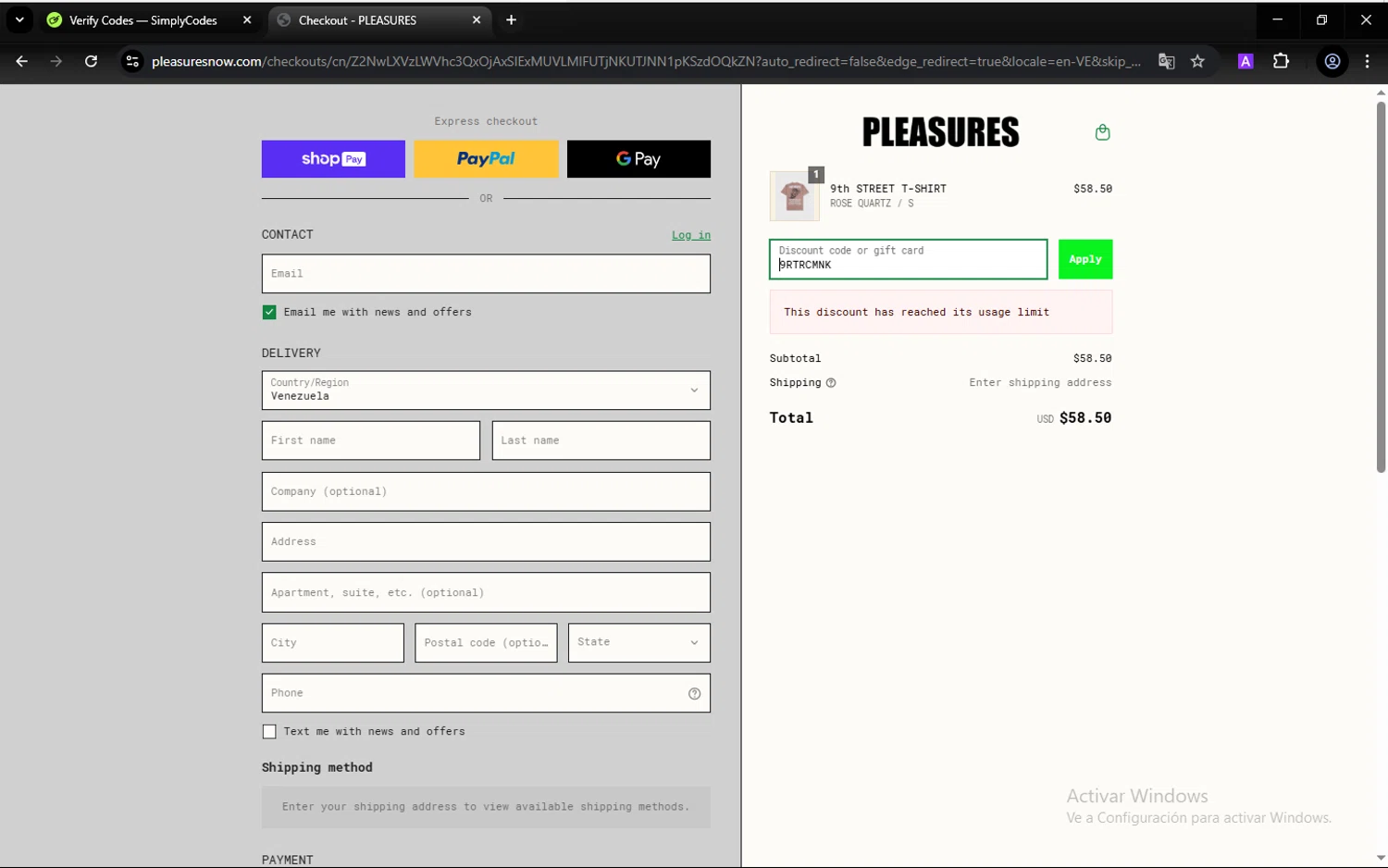 Pleasures discount code screenshot showing code 9RTRCMNK applied at Pleasures checkout page. Uploaded by SimplyCodes community member CarlesPlanas on Mar 23, 2025