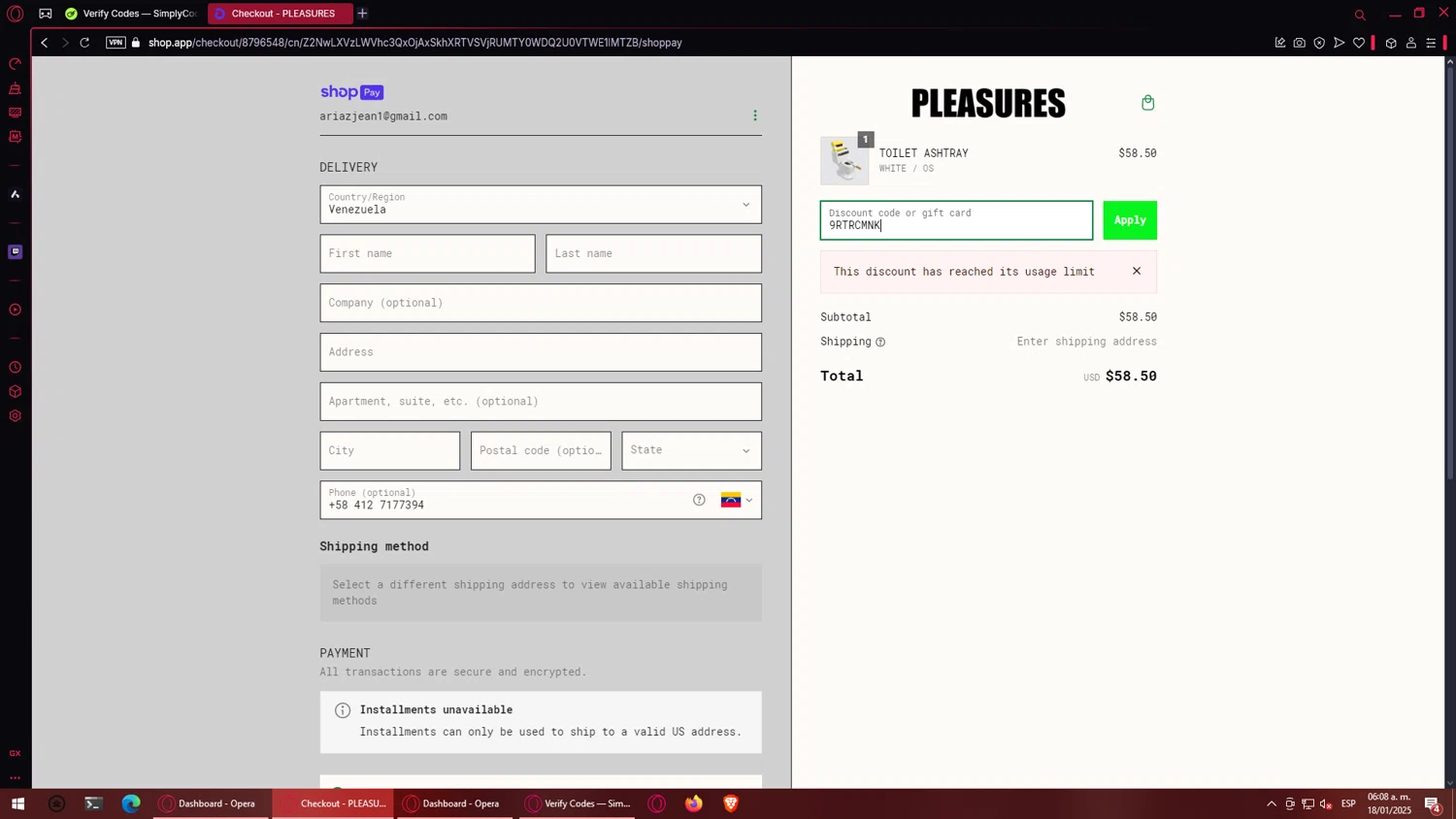 Pleasures discount code screenshot showing code 9RTRCMNK applied at Pleasures checkout page. Uploaded by SimplyCodes community member CuponEscobar on Jan 18, 2025
