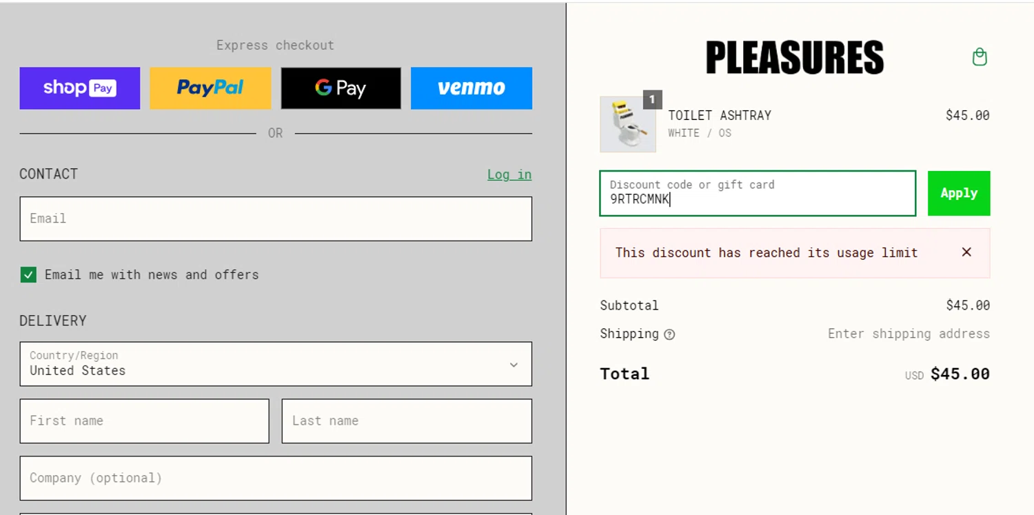Pleasures discount code screenshot showing code 9RTRCMNK applied at Pleasures checkout page. Uploaded by SimplyCodes community member gilbertrondon on Jan 18, 2025