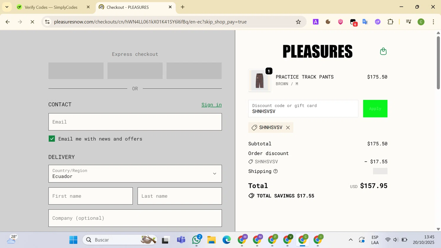 Pleasures checkout page showing Pleasures discount code box | Screenshot taken by SimplyCodes community member on Oct 20, 2025