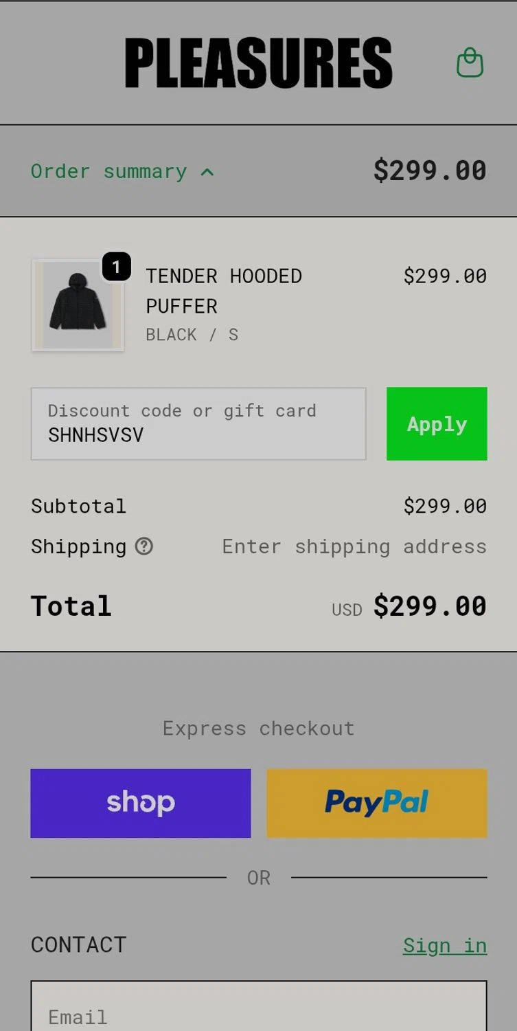 Pleasures discount code screenshot showing code SHNHSVSV applied at Pleasures checkout page. Uploaded by SimplyCodes community member LegendaryVirtuoso1643 on Oct 26, 2025