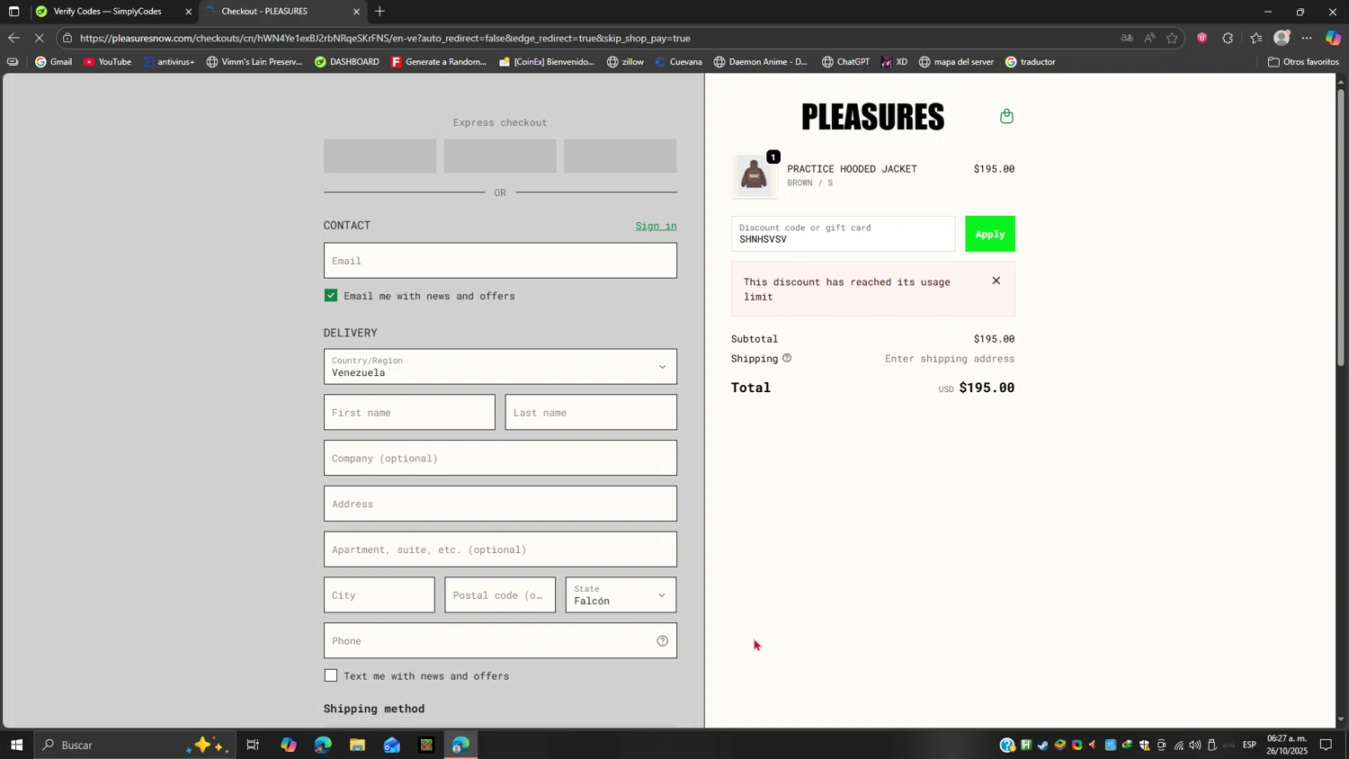 Pleasures discount code screenshot showing code SHNHSVSV applied at Pleasures checkout page. Uploaded by SimplyCodes community member Ricardoanavas on Oct 26, 2025