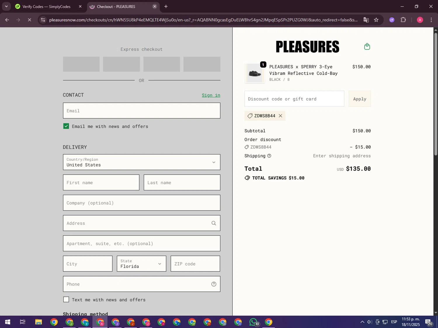Pleasures checkout page showing Pleasures discount code box | Screenshot taken by SimplyCodes community member on Nov 19, 2025