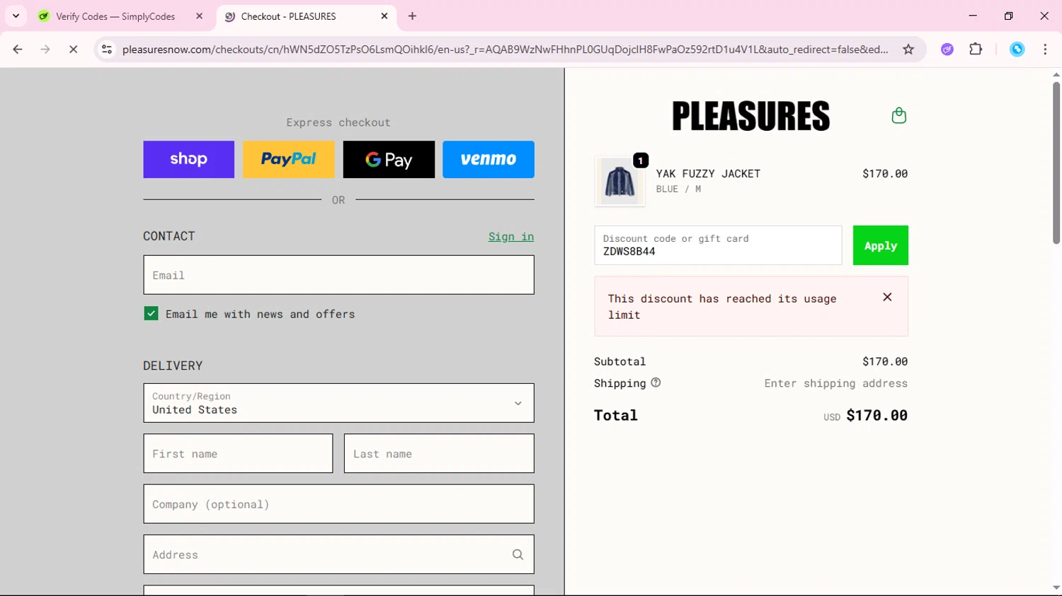 Pleasures discount code screenshot showing code ZDWS8B44 applied at Pleasures checkout page. Uploaded by SimplyCodes community member fabianmartinez on Nov 23, 2025