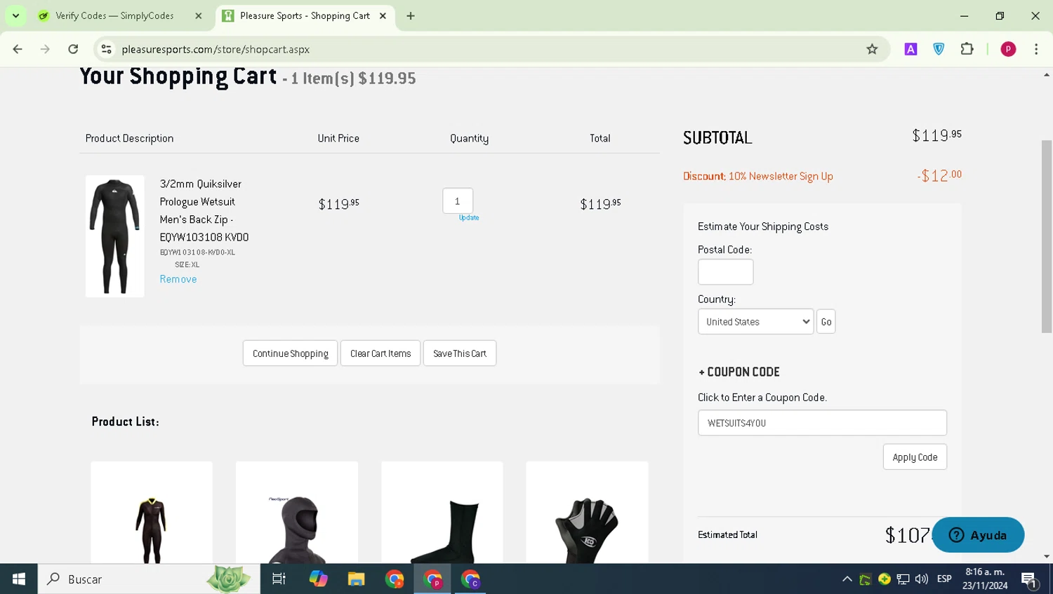 Pleasure Sports checkout page showing Pleasure Sports coupon code box | Screenshot taken by SimplyCodes community member on Nov 23, 2024