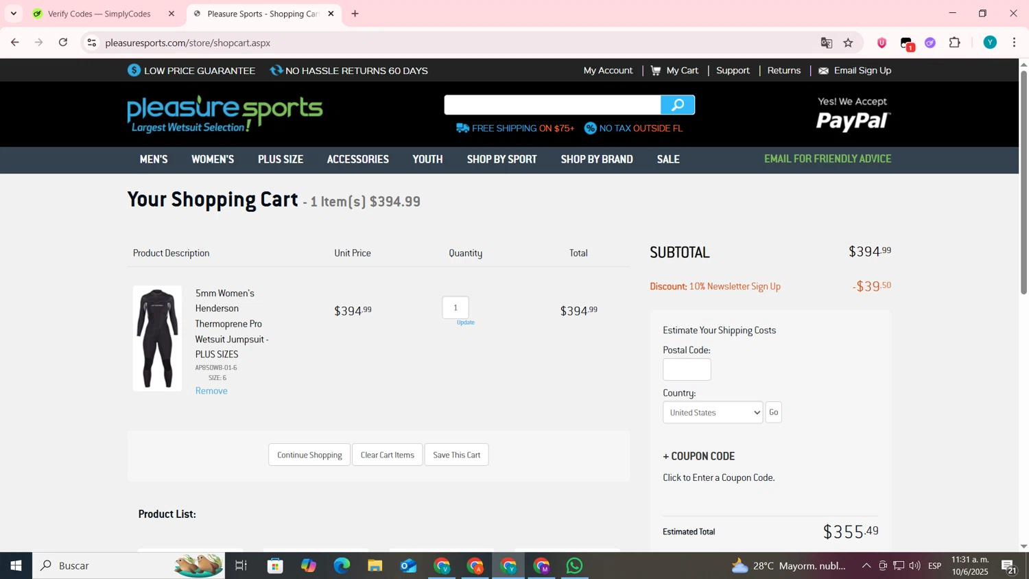 Pleasure Sports coupon code screenshot showing code WETSUITS4YOU applied at Pleasure Sports checkout page. Uploaded by SimplyCodes community member codygakpo on Jun 10, 2025