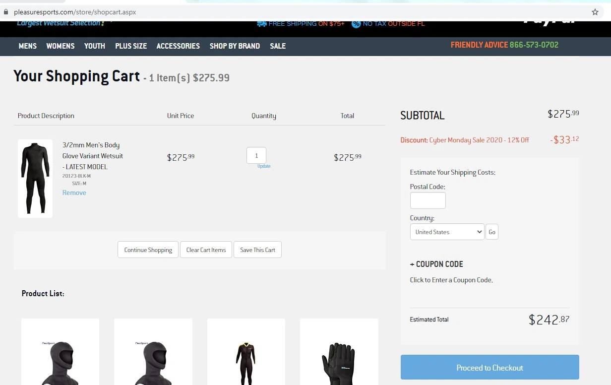 Pleasure Sports checkout page showing Pleasure Sports coupon code box | Screenshot taken by SimplyCodes community member on Nov 30, 2020