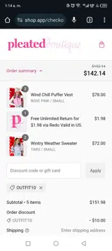 Pleated an Online Boutique coupon verification screenshot