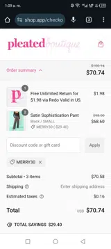 Pleated an Online Boutique coupon verification screenshot