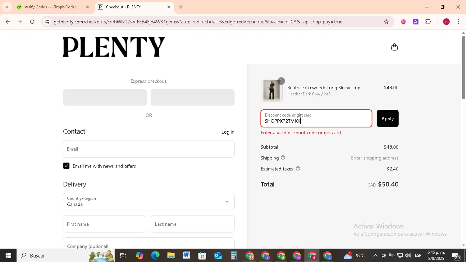 Plenty promo code screenshot showing code SHOPPXP2TMKK applied at Plenty checkout page. Uploaded by SimplyCodes community member FrugalMonarch7277 on Aug 8, 2025