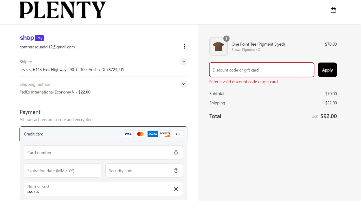 Plenty promo code screenshot showing code BASICBESTS10 applied at Plenty checkout page. Uploaded by SimplyCodes community member EpicTiger3556 on Apr 17, 2025