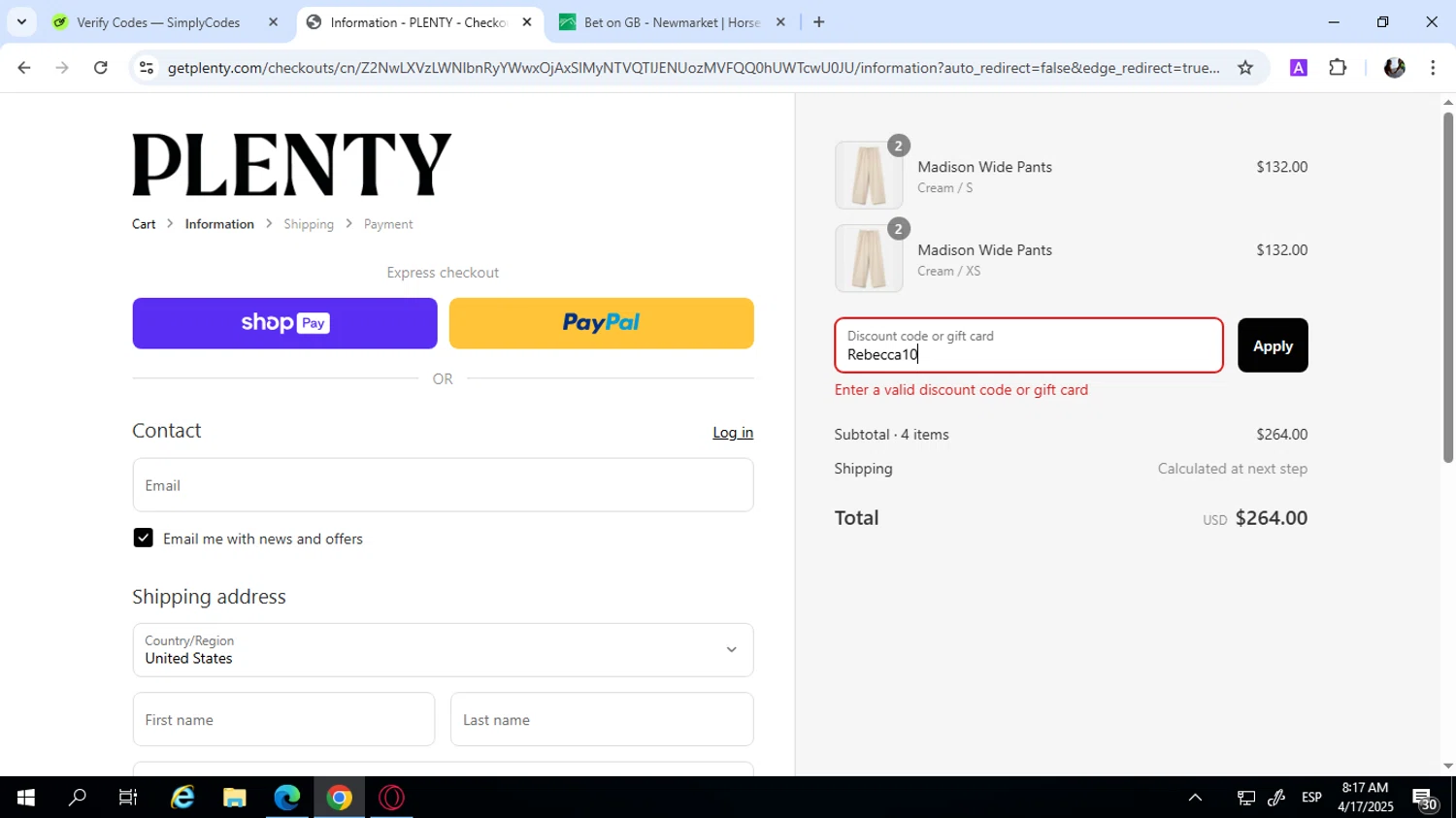 Plenty promo code screenshot showing code Rebecca10 applied at Plenty checkout page. Uploaded by SimplyCodes community member SwiftPilot741 on Apr 17, 2025