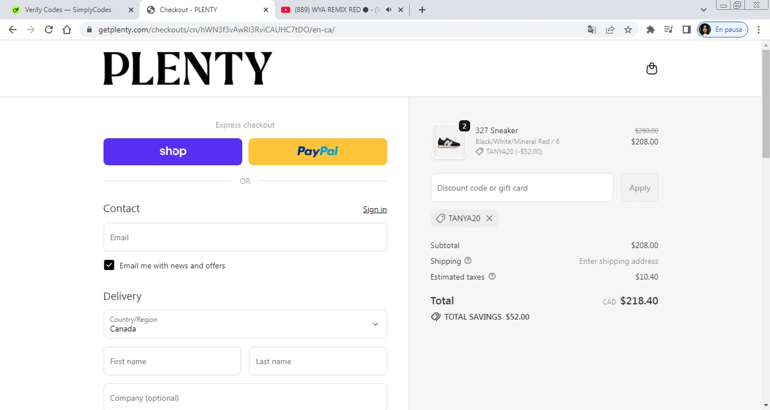 Plenty promo code screenshot showing code TANYA20 applied at Plenty checkout page. Uploaded by SimplyCodes community member PrimeAdmiral8733 on Oct 2, 2025