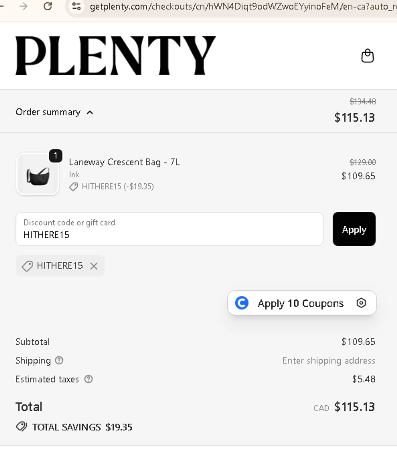 Plenty promo code screenshot showing code HITHERE15 applied at Plenty checkout page. Uploaded by SimplyCodes community member AMANDA2681 on Oct 17, 2025