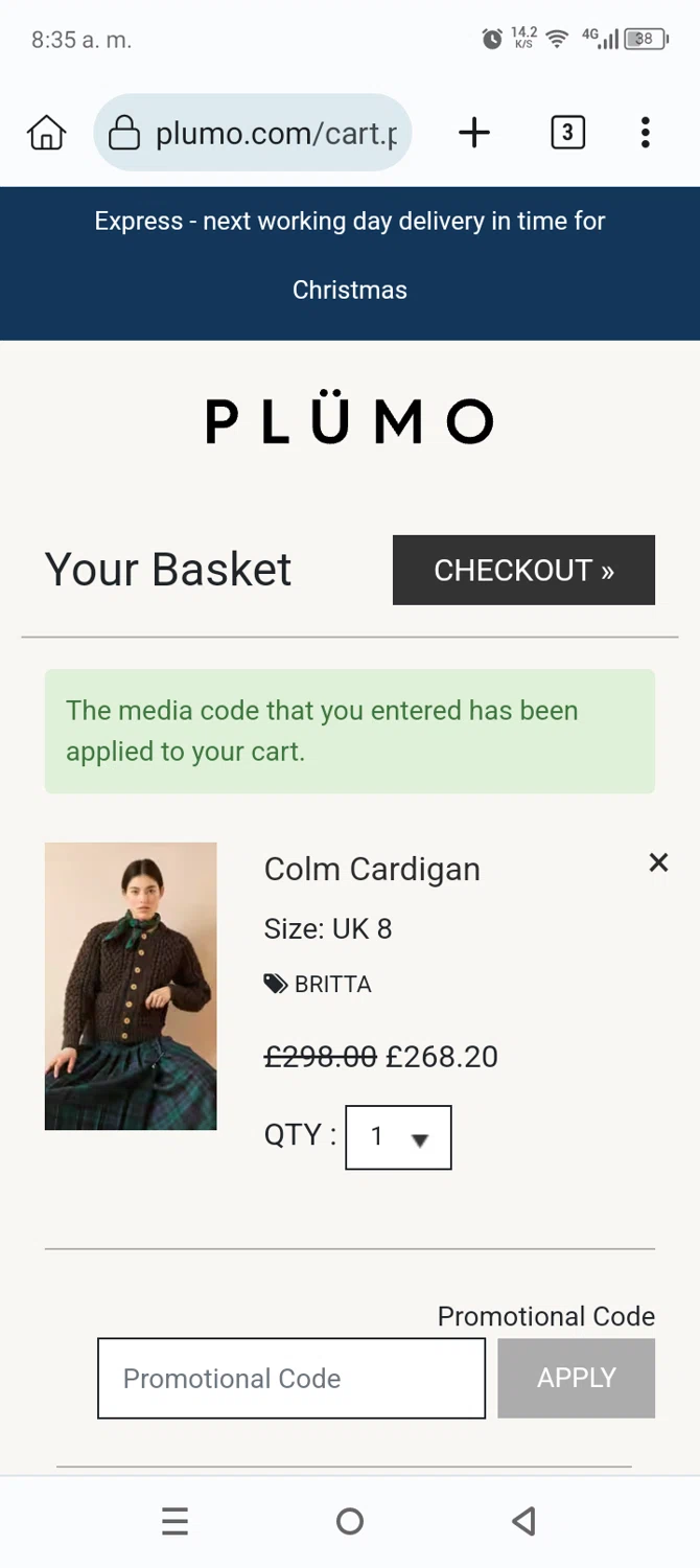 Plümo promo code screenshot showing code BRITTA applied at Plümo checkout page. Uploaded by SimplyCodes community member Anthony_Diaz on Dec 20, 2025