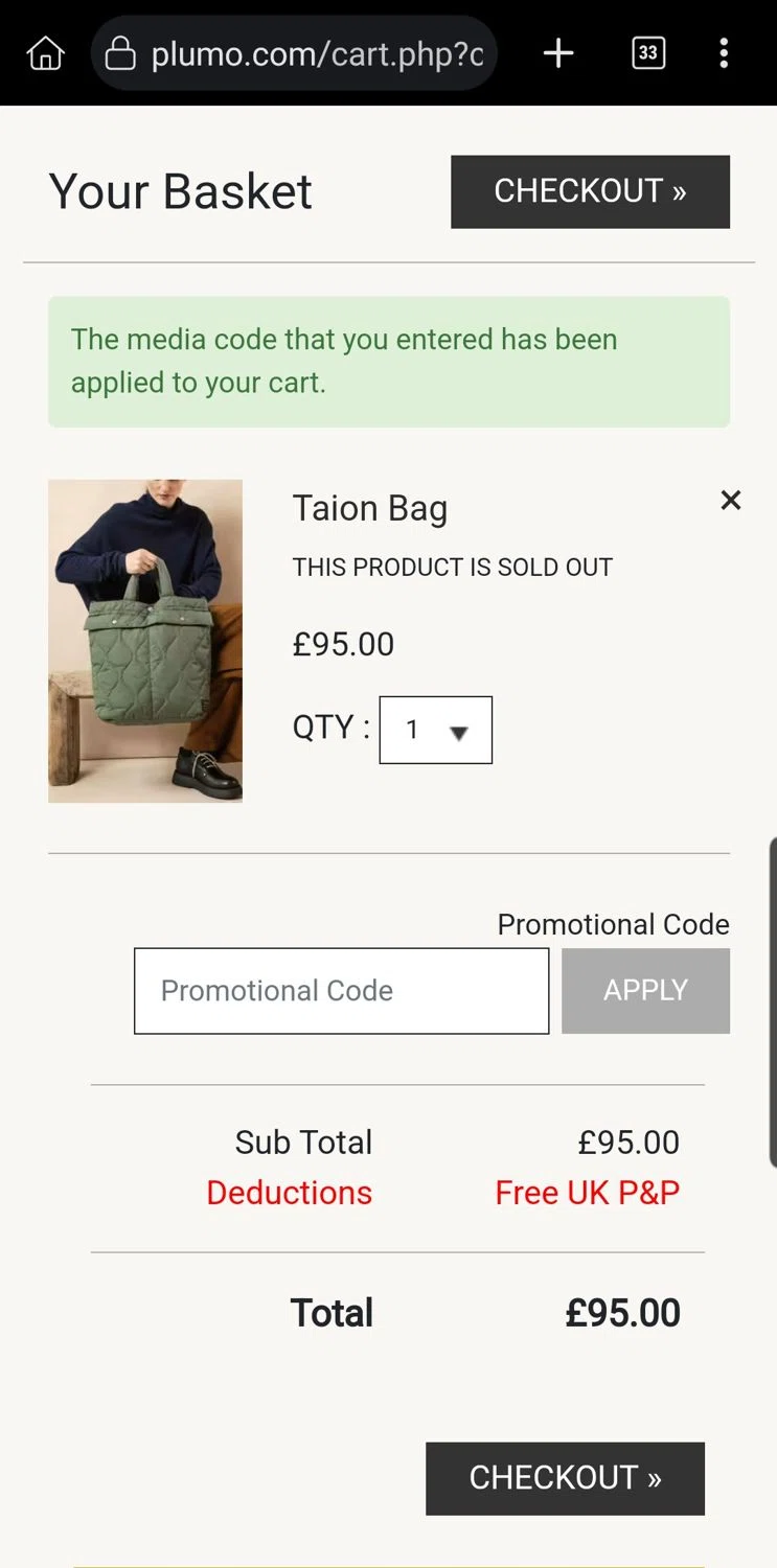 Plümo promo code screenshot showing code FLINT applied at Plümo checkout page. Uploaded by SimplyCodes community member Carloslvz on Oct 7, 2025