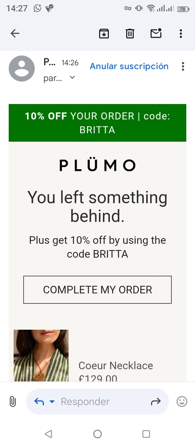 Plümo promo code screenshot showing code BRITTA applied at Plümo checkout page. Uploaded by SimplyCodes community member jimmytheis on Jun 29, 2025