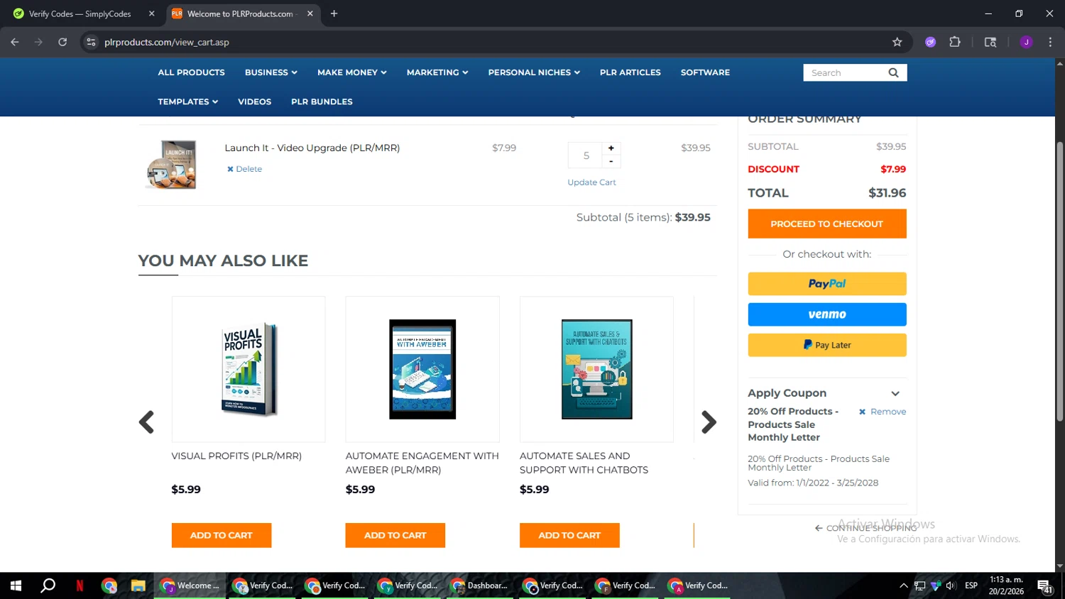 PLR Products promo code screenshot showing code PLR23 applied at PLR Products checkout page. Uploaded by SimplyCodes community member ComeBurra123 on Feb 20, 2026
