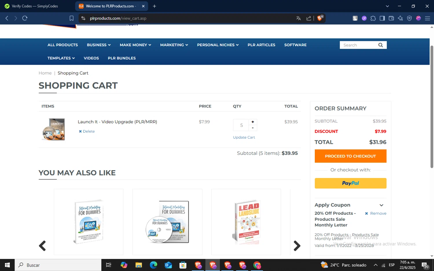 PLR Products promo code screenshot showing code PLR23 applied at PLR Products checkout page. Uploaded by SimplyCodes community member TokenSaver1205 on Jun 22, 2025